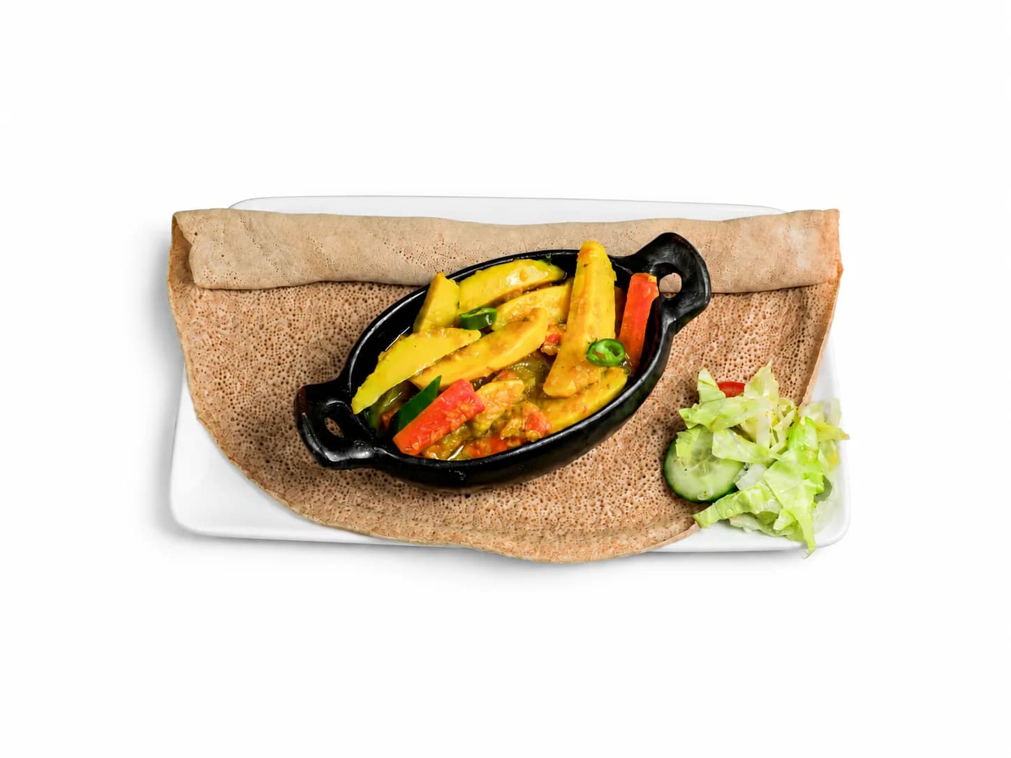 Alicha Dinich Wot with potatoes, carrots, salad and injera