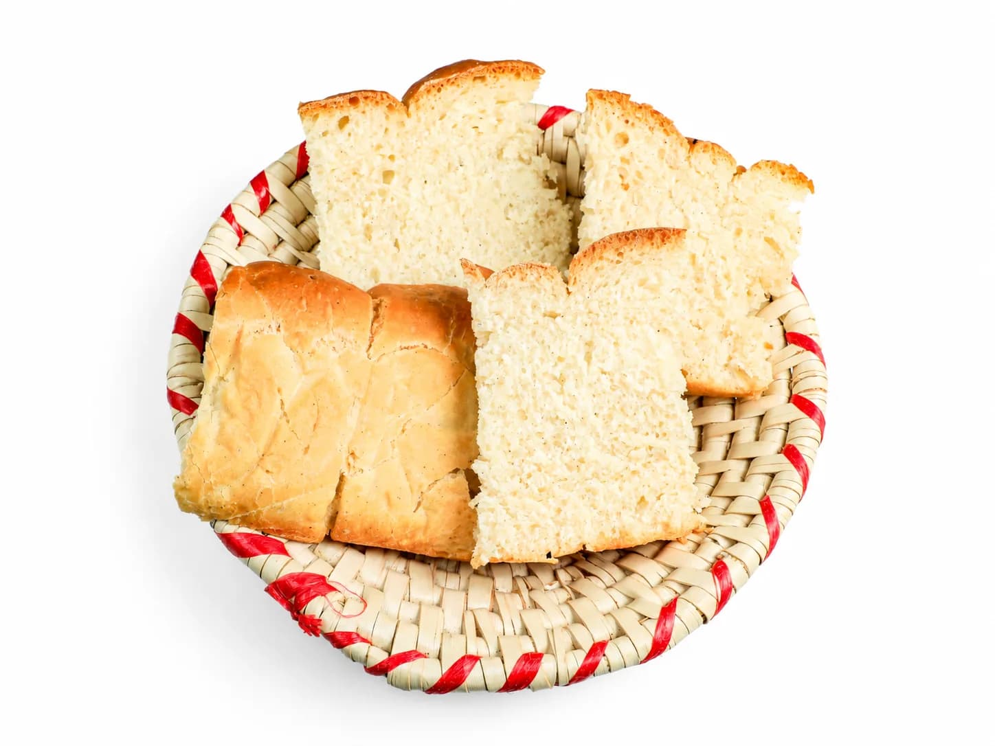 Sliced Ambasha bread in a woven basket